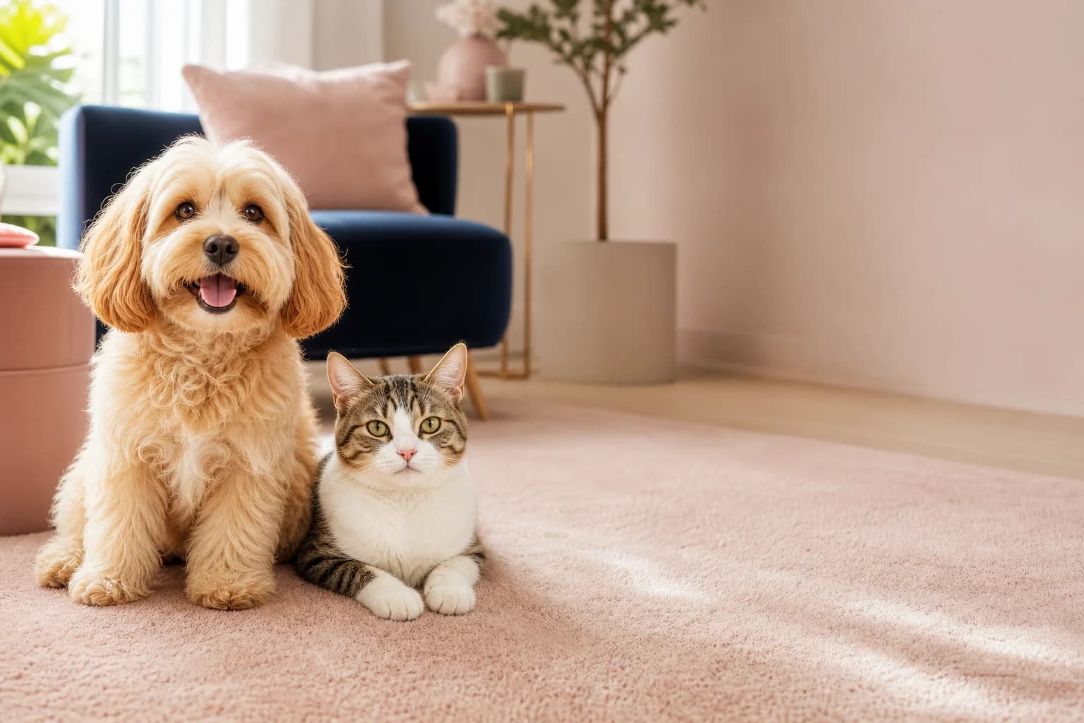 A dog and a cat resting together in a bright home
