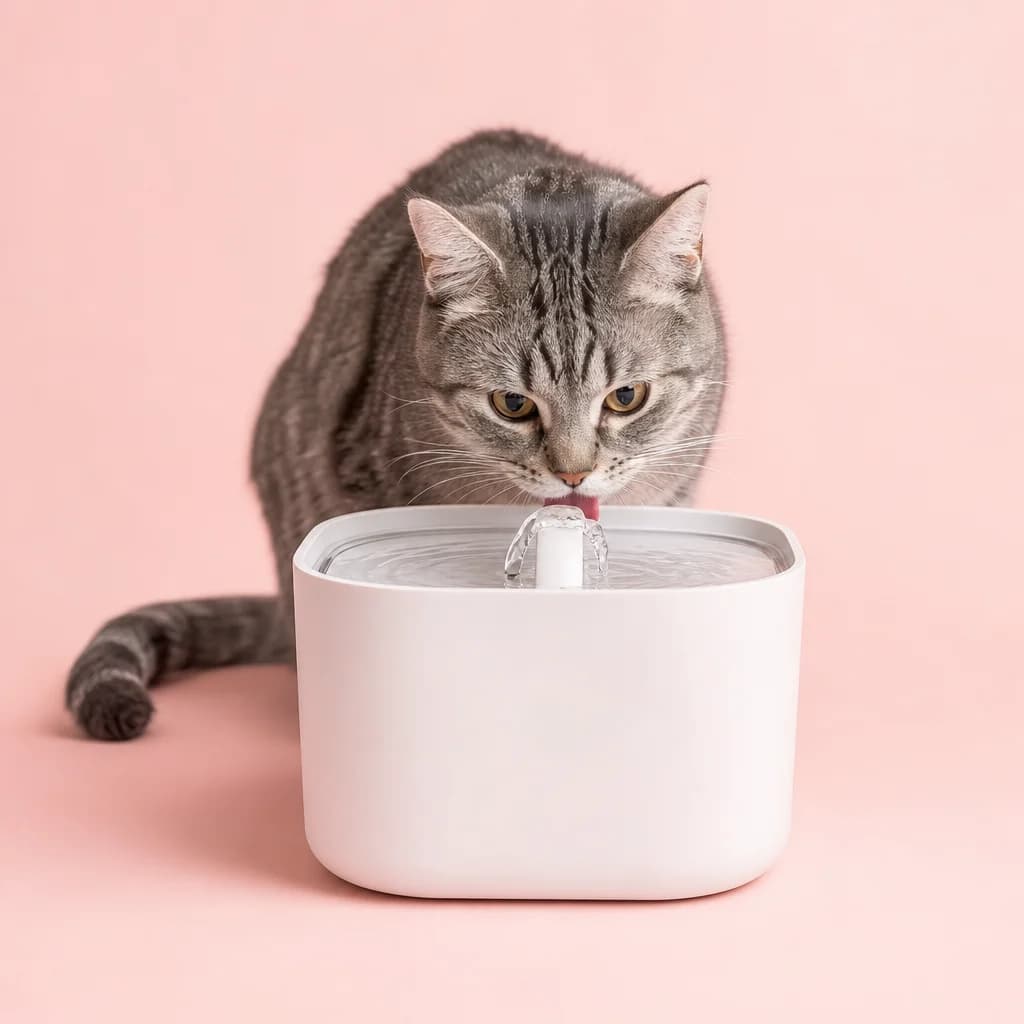 Cat drinking from a modern pet water fountain